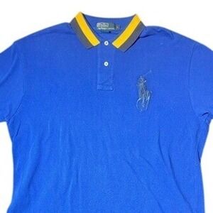Polo Ralph Lauren Polo Shirt Big Pony‎ Logo Blue Yellow Trim Mens Size L